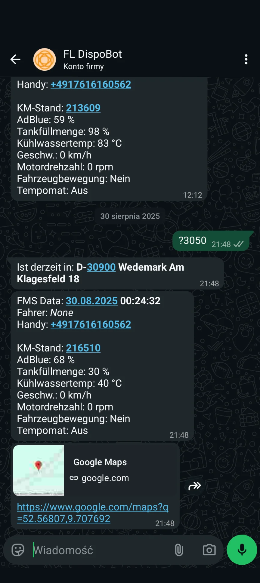 FL DispoBot - Dane telematyczne ciężarówek